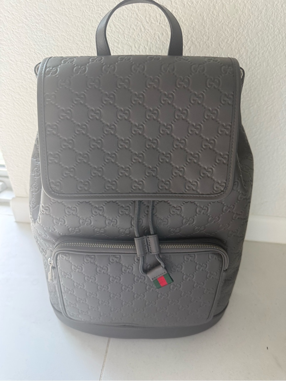 Gucci Grey Embossed Leather Backpack with Signature Web Tag